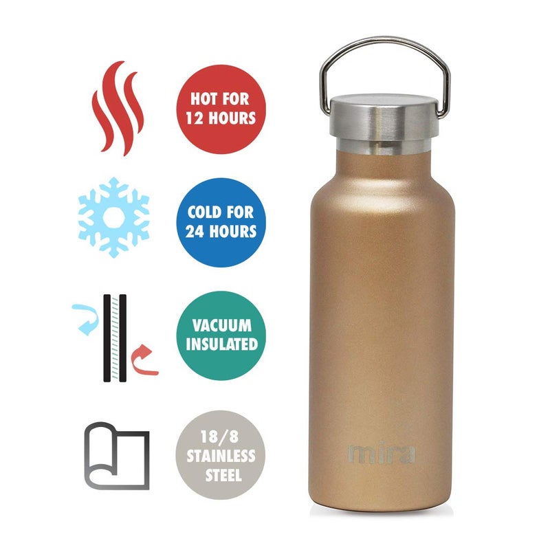 MIRA Alpine Water Bottle with 2 Lids, Vacuum Insulated 18/8 Stainless Steel Flask, Durable Shiny Finish, Hydro Bottle - 17 oz (500 ml) - Champagne - Image 3